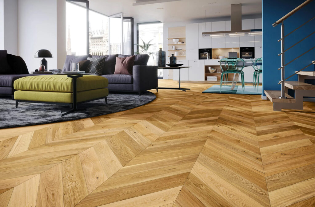 chevron wood flooring installed on living room
