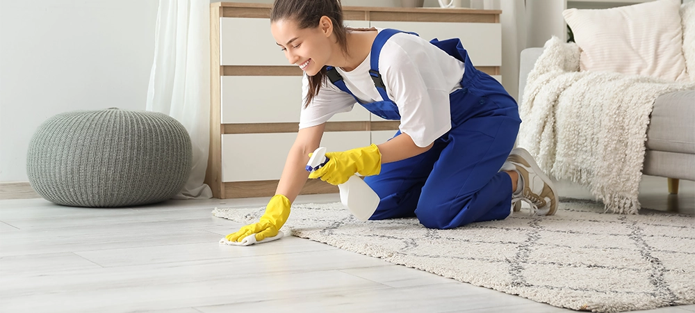 Female janitor cleaning floor in room
