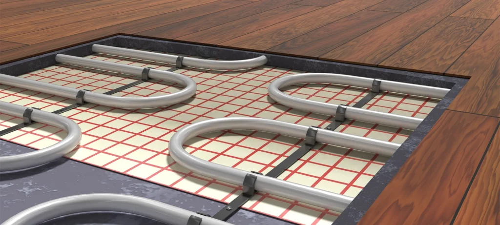 Underfloor heating system under wooden floor. 3D rendered illustration.