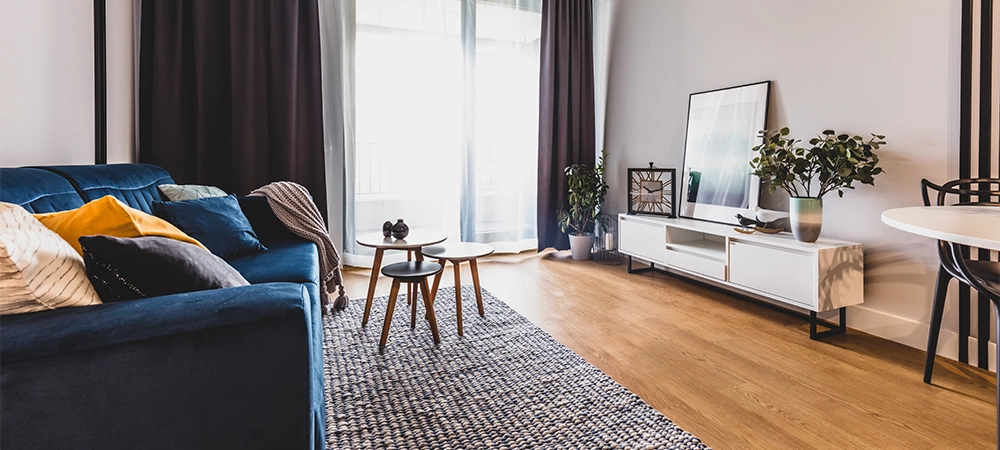 Living room in a modern apartment for rent. Interior design