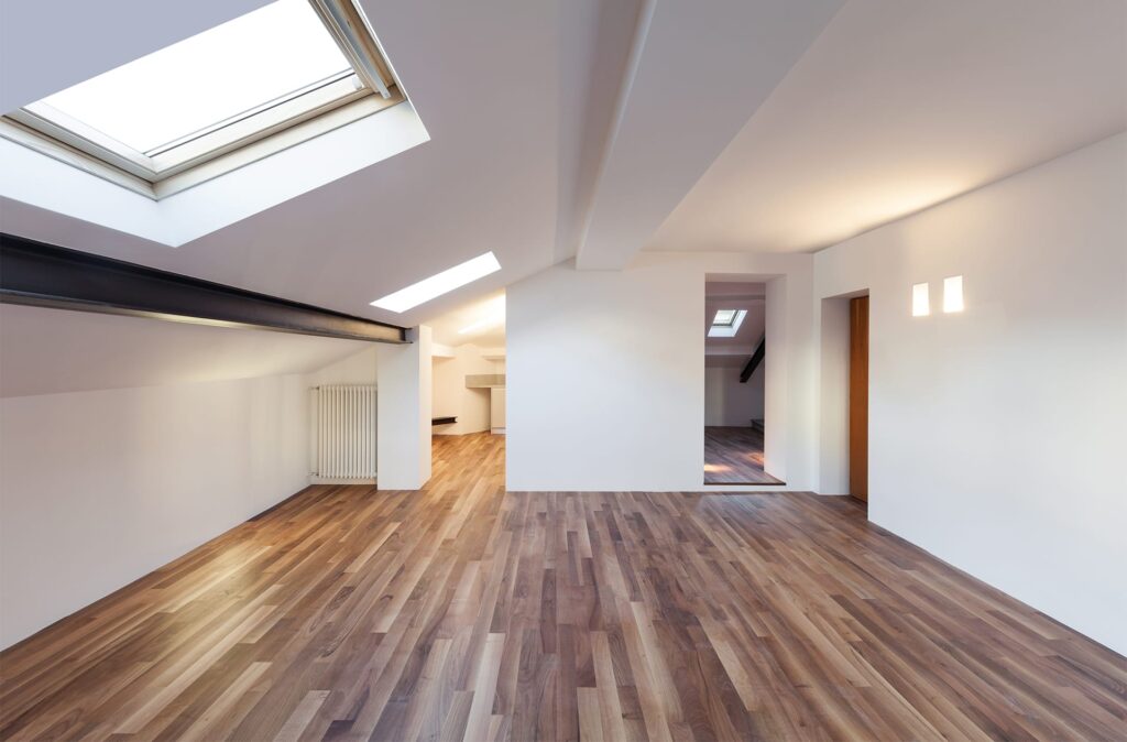 Interior nice loft, wall white, parquet floor