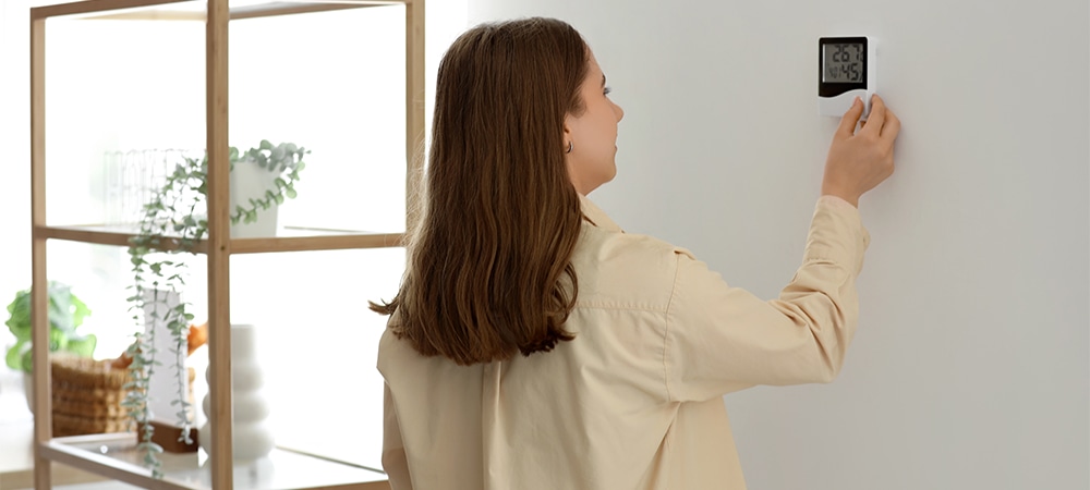 girl checking hygrometer for home humidity