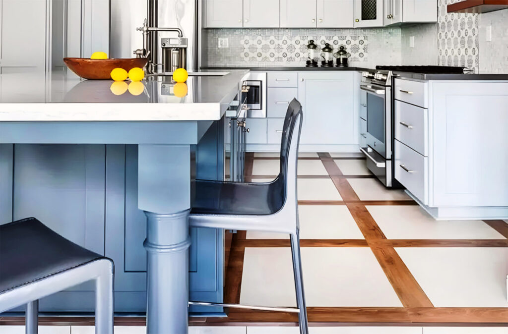 combine tile and wood flooring in kitchen