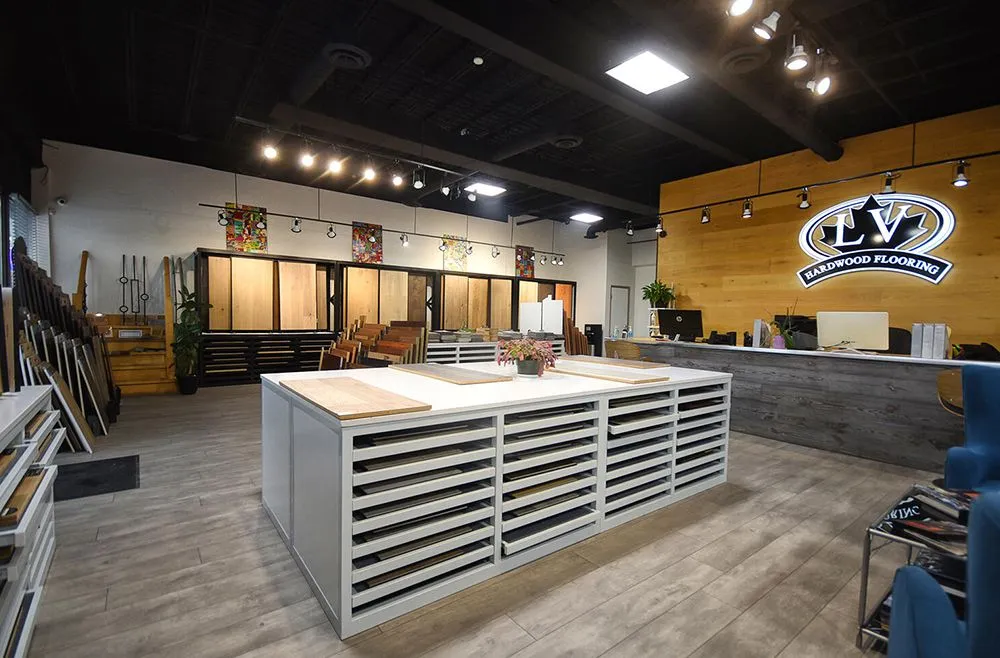 LV Hardwood Flooring showroom North York at 5050 Dufferin St — hardwood and LVP collections on display