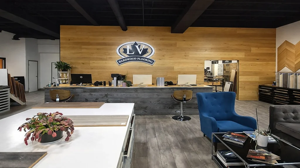 LV Hardwood Flooring North York showroom interior with flooring samples and reception area