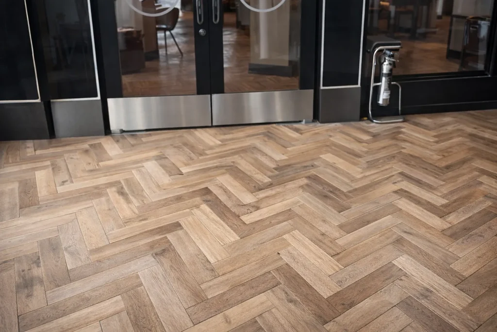 Professional herringbone engineered hardwood flooring installation in a Toronto commercial space, premium oak texture.