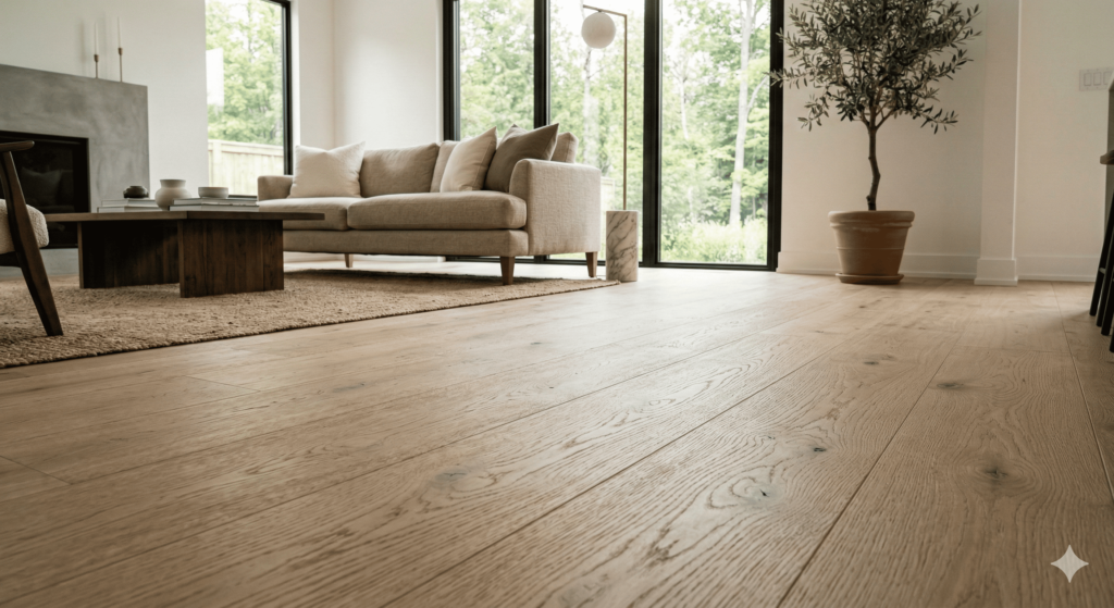 Modern wide-plank wire-brushed white oak engineered hardwood flooring installed in a Toronto home, LV Flooring 2026 Trend Guide.