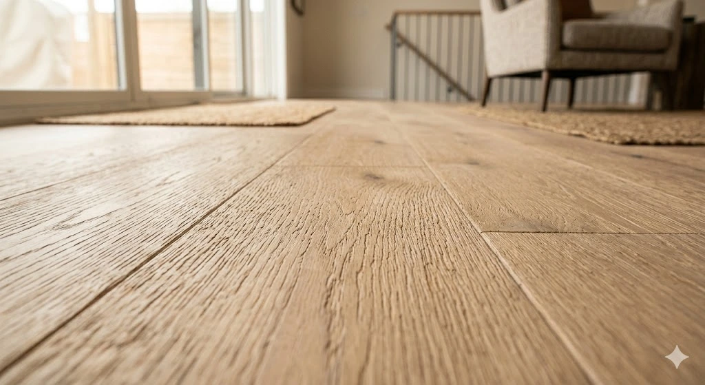 Close-up of wide-plank white oak engineered hardwood with wire-brushed texture in a Toronto home.