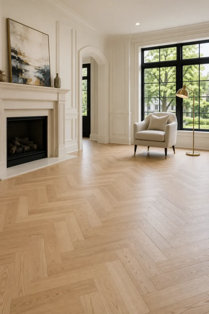 Herringbone white oak flooring pattern in a luxury Markham home