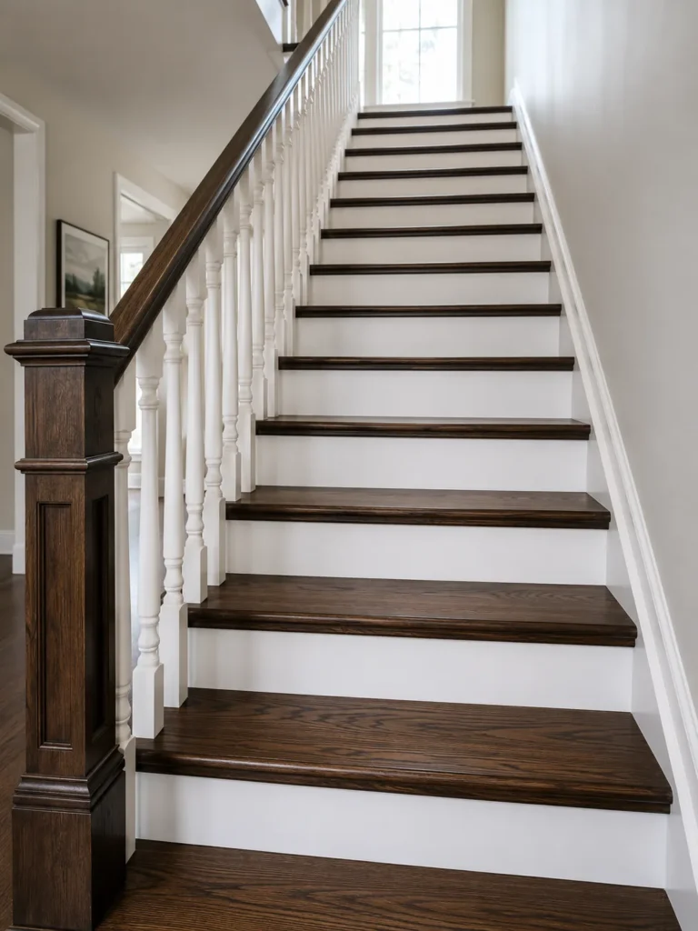 Refinished oak staircase with dark treads and white risers in Markham
