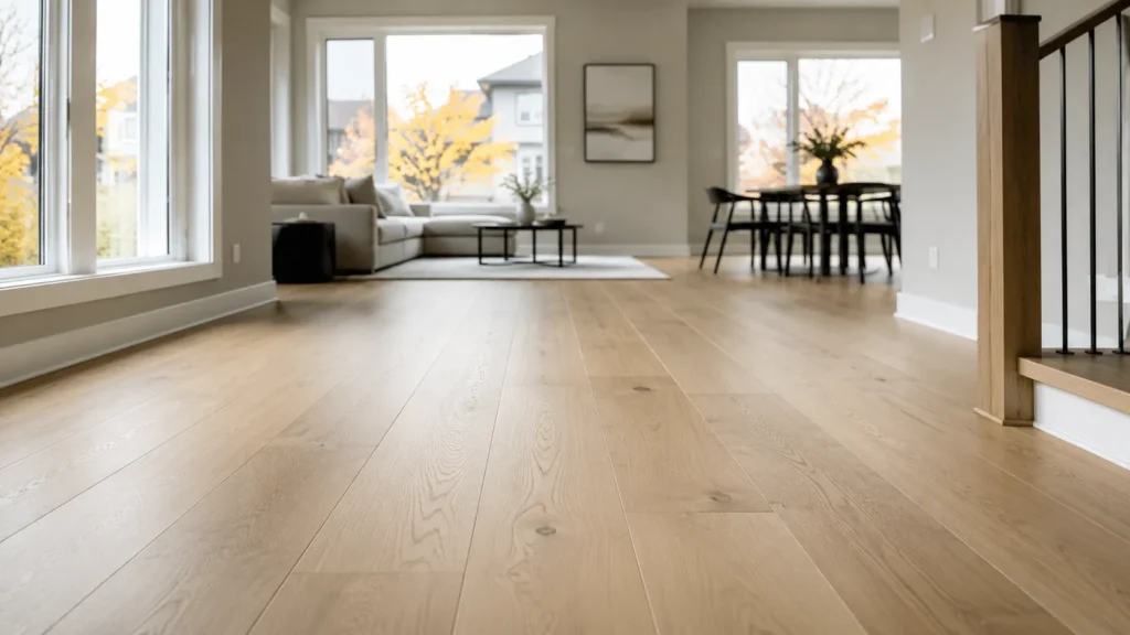 Wide-plank white oak hardwood flooring installed in a Markham home