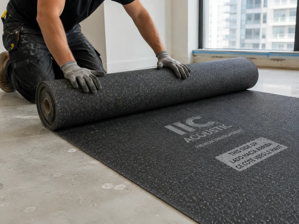 Acoustic IIC underlayment installed over concrete slab in a GTA condo