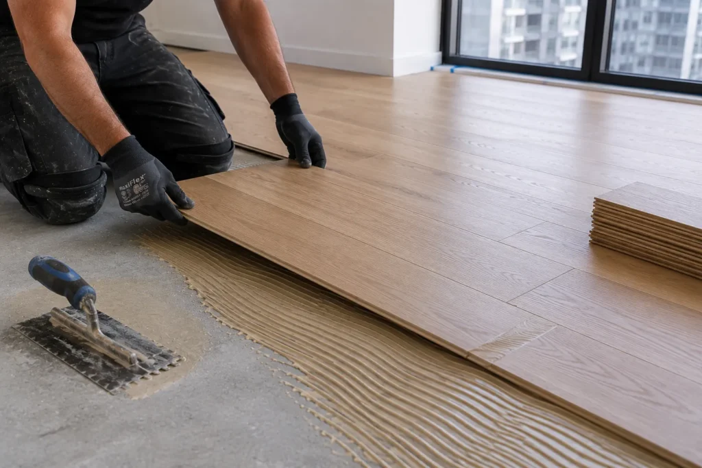 Engineered hardwood glue-down installation on concrete in a Mississauga condo