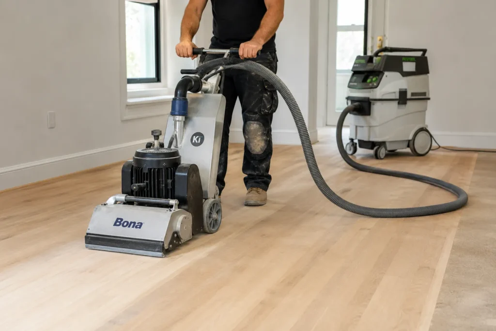 Dust-controlled hardwood floor sanding by a professional contractor