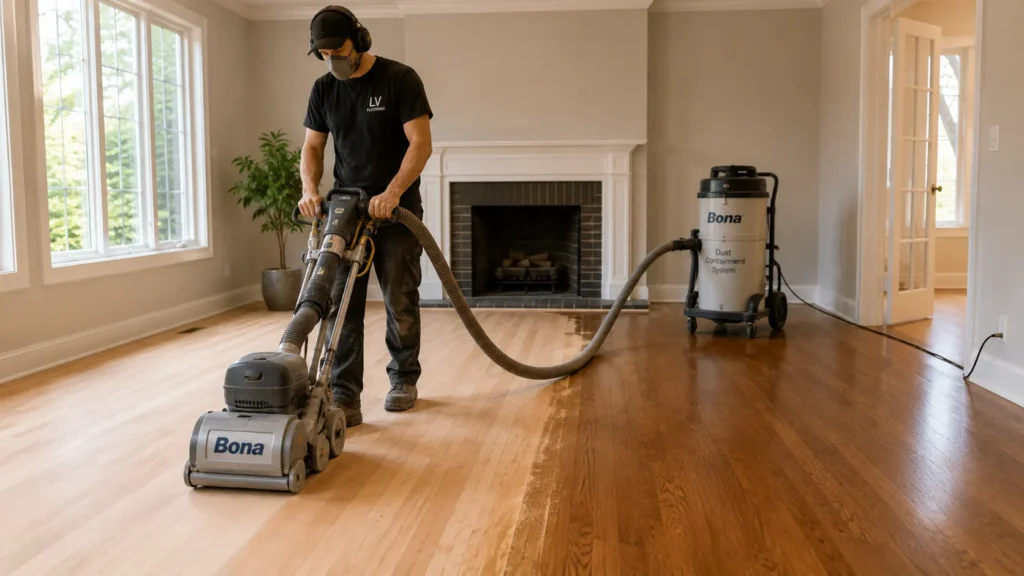 Dust-controlled hardwood floor sanding in a Toronto home