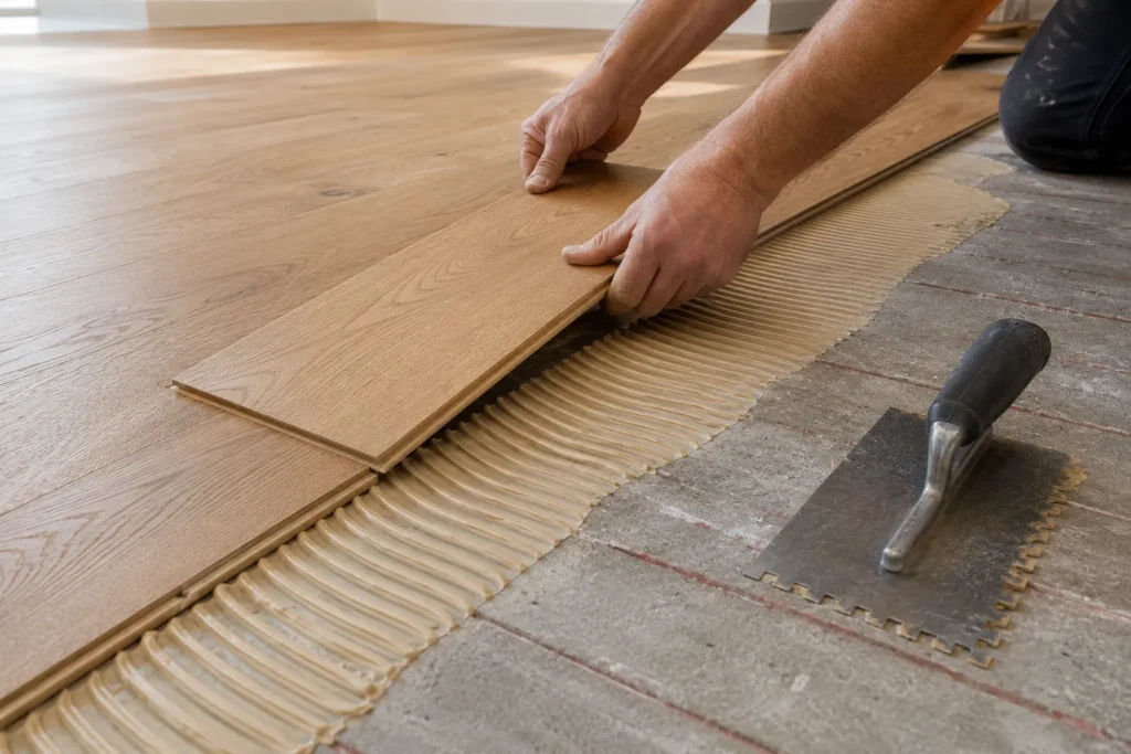 Engineered hardwood glue-down installation over a radiant-heated slab