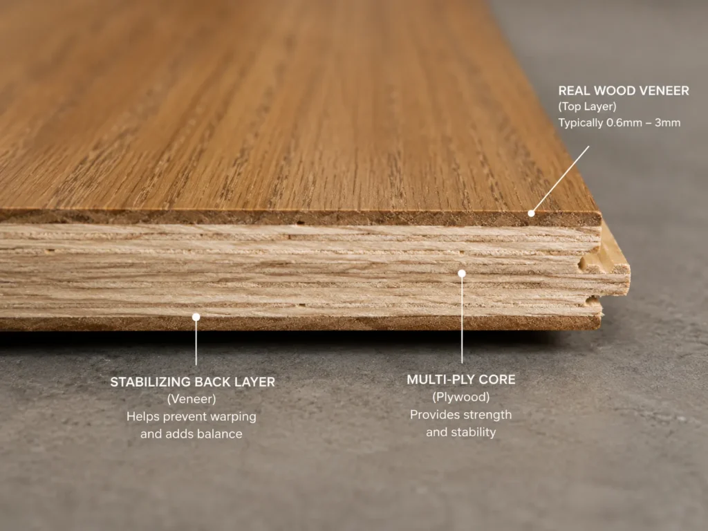 Engineered hardwood plank cross-section showing veneer and core