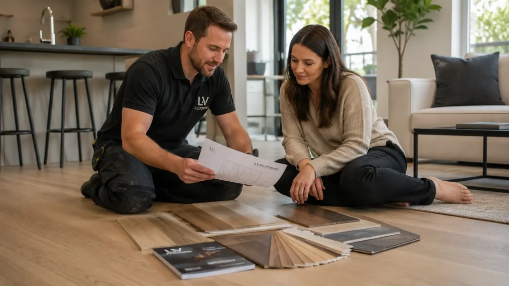 Flooring contractor reviewing hardwood samples with a Toronto homeowner