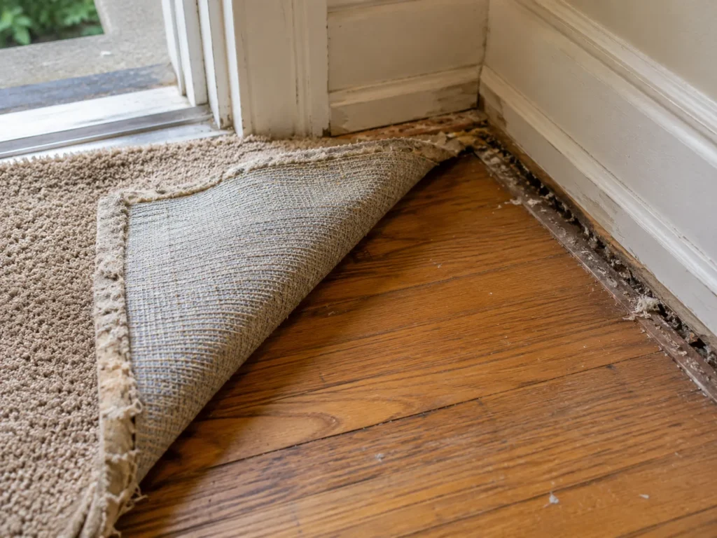 Original hardwood revealed under carpet in an older North York home