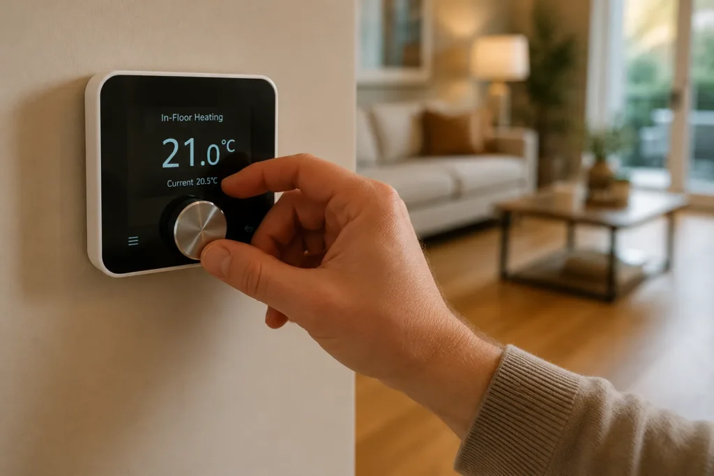 Adjusting an in-floor heating thermostat to protect a wood floor