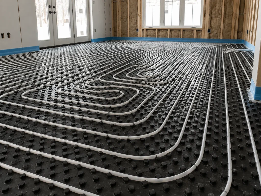 Radiant in-floor heating tubing installed before engineered hardwood