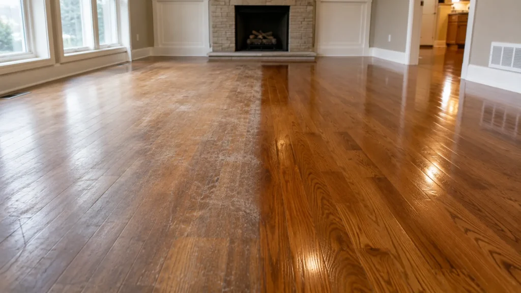 Before and after hardwood floor refinishing in a Toronto home