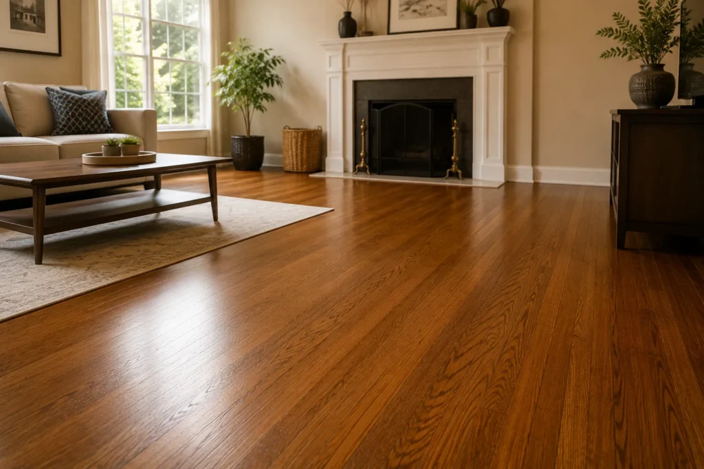 Freshly refinished solid oak floor in a GTA living room