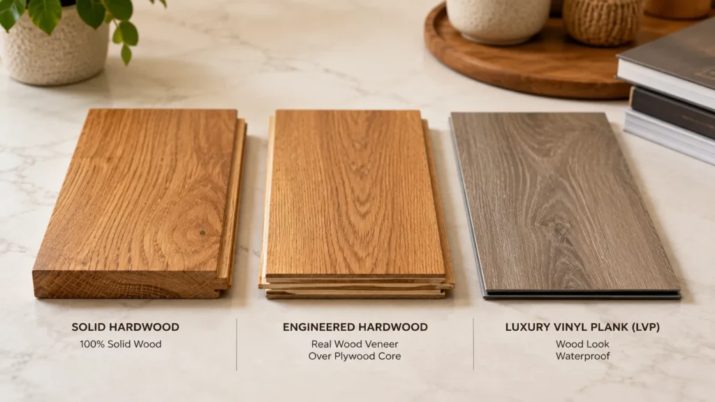 Solid hardwood, engineered, and vinyl flooring samples compared