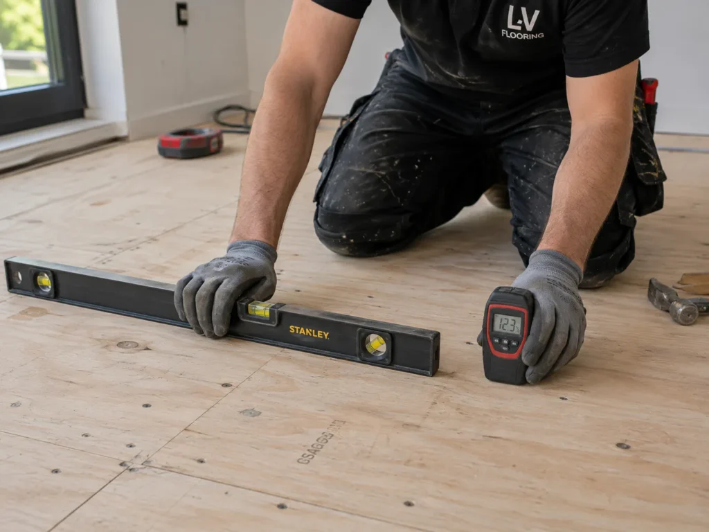 Contractor assessing subfloor before hardwood installation in the GTA
