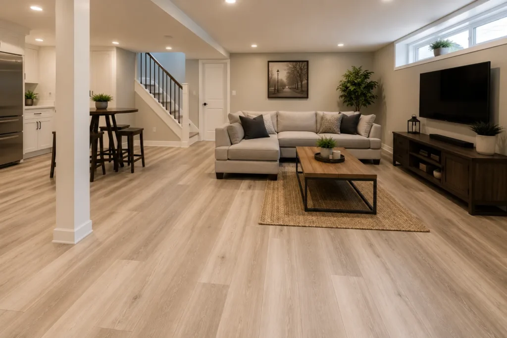 Waterproof vinyl plank flooring in a finished GTA basement
