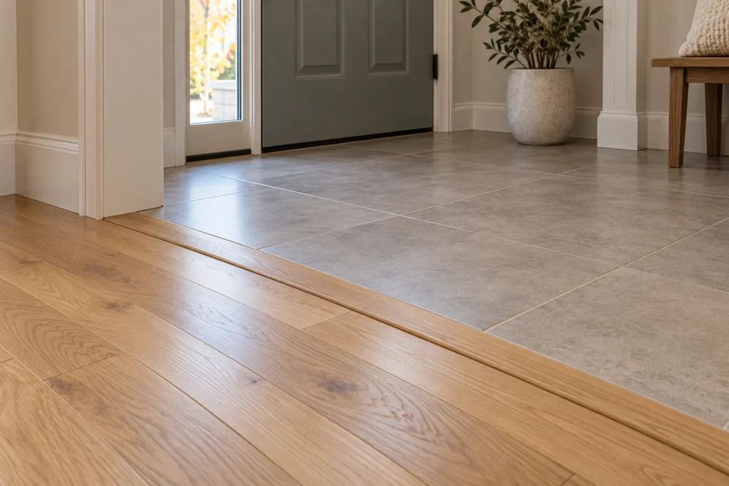 Illustrative tiled entrance meeting oak hardwood at a narrow transition moulding near a front door.