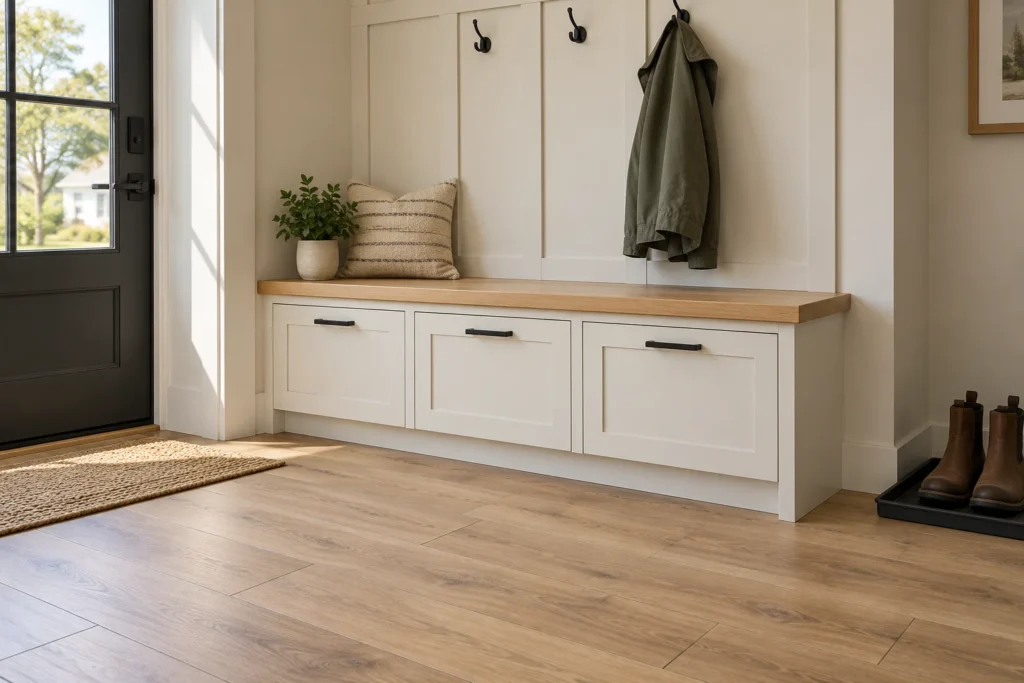 Illustrative mudroom with a built-in shoe-storage bench and wood-look vinyl flooring in front.