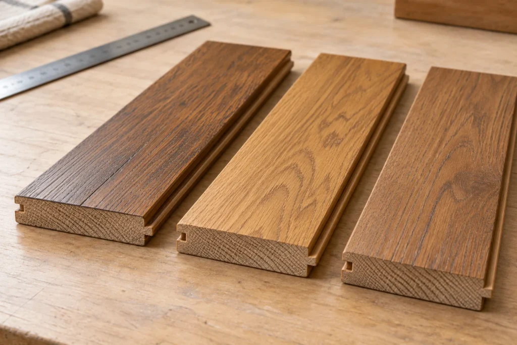 Hardwood offcuts compared for colour, thickness and edge profile before a board repair.