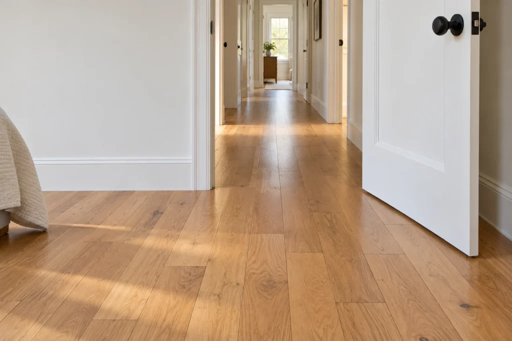Continuous hardwood boards running from a bedroom through an open doorway into a hallway.