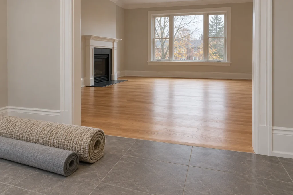 Rolled rug and separate pad kept in a tiled hallway outside an uncovered hardwood room.