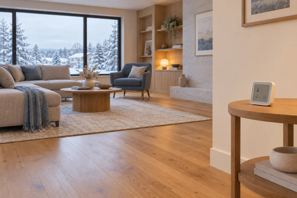 Editorial illustration of a humidity monitor on an open interior table in a room with hardwood flooring.